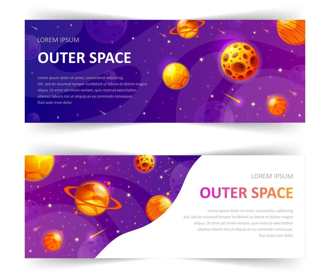 Set of web banners templates with abstract shape and stars. Cosmos, universe and sky. Space explore. Children cartoon vector illustration of galaxy. Concept of web background.