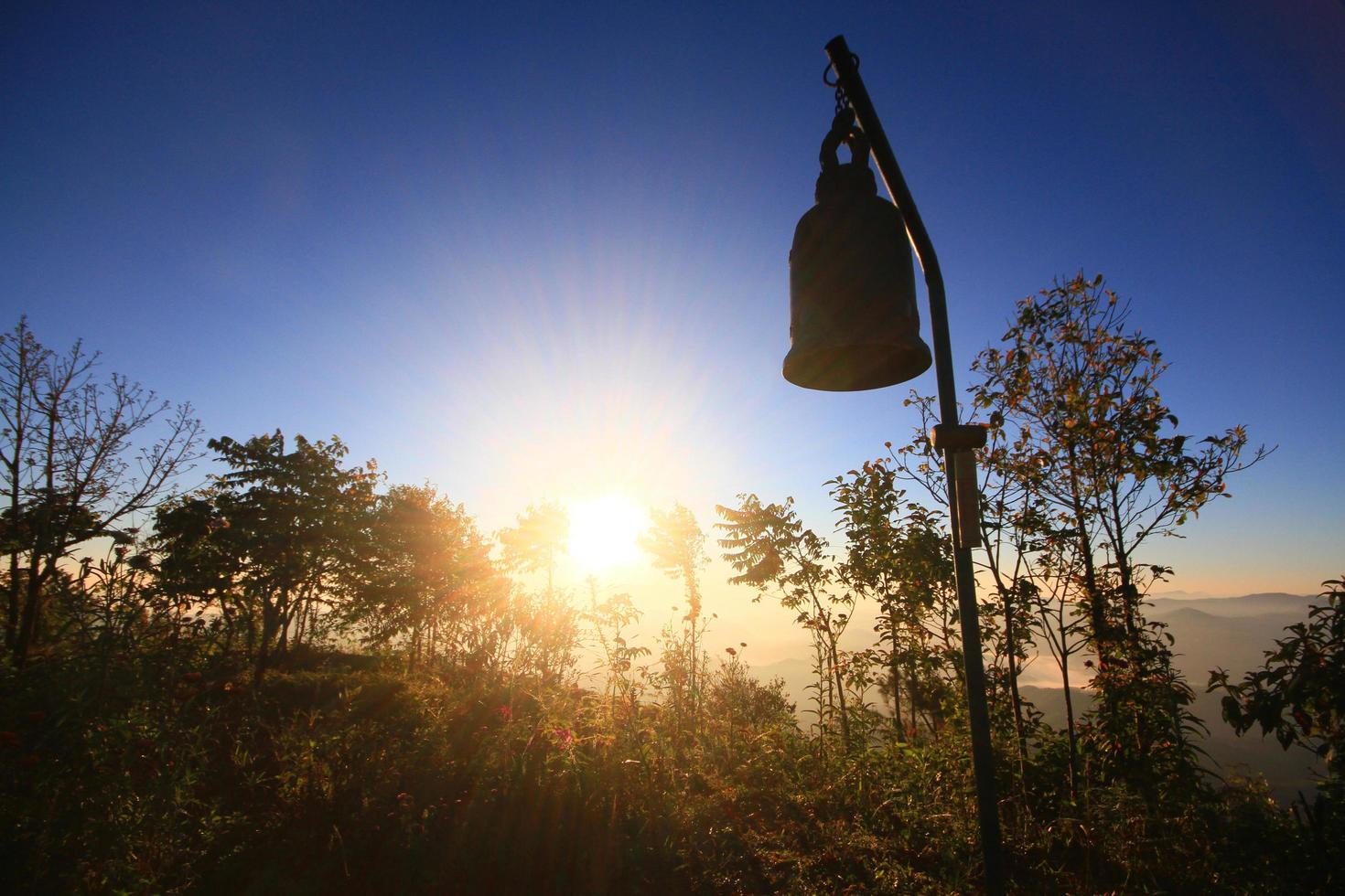 Beautiful silhouette of golden bell in twilight of sunrise with wild and forest on the valley mountain photo