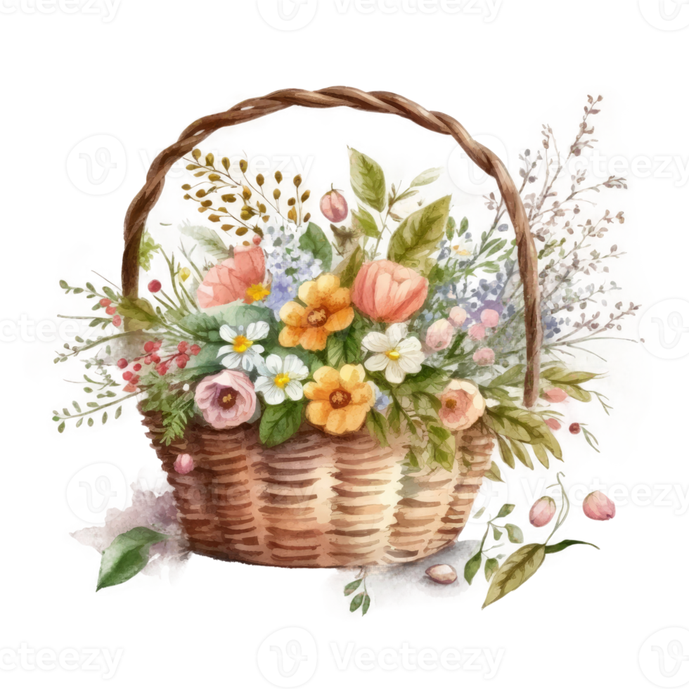 Watercolor summer flowers in basket. png