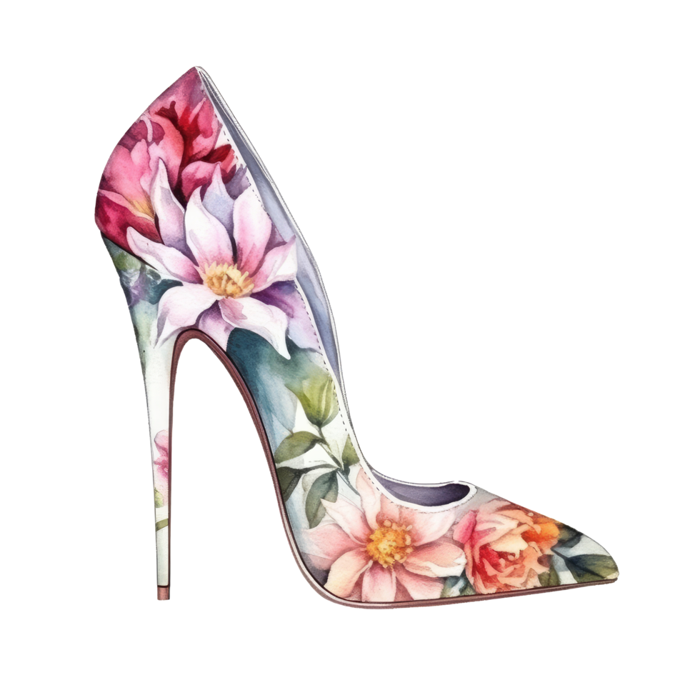 Watercolor stiletto heel with flowers png