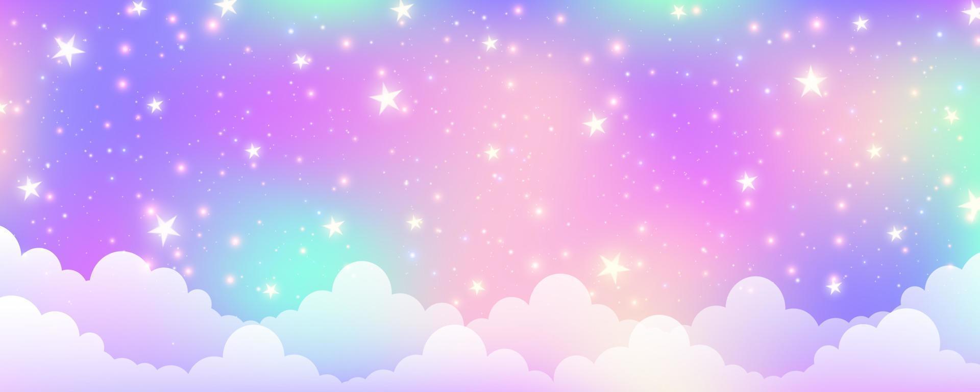fondo de unicornio rosa de fantasía con nubes y estrellas. cielo de color pastel. paisaje mágico, patrón fabuloso abstracto. lindo fondo de pantalla de dulces. vector. vector