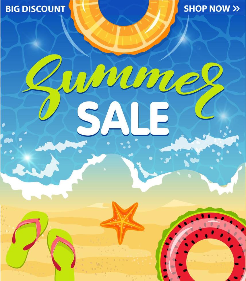 Summer sale banner template. Summer sale, hot season discount poster with swim ring. Promo badge for your seasonal design vector