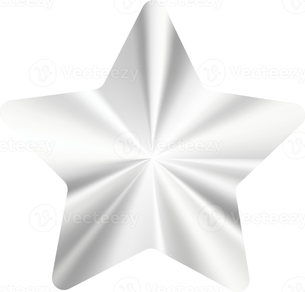 Silver gradient sticker with metal texture. Chrome badge in star shape. Logo for original products. Emblem illustration png