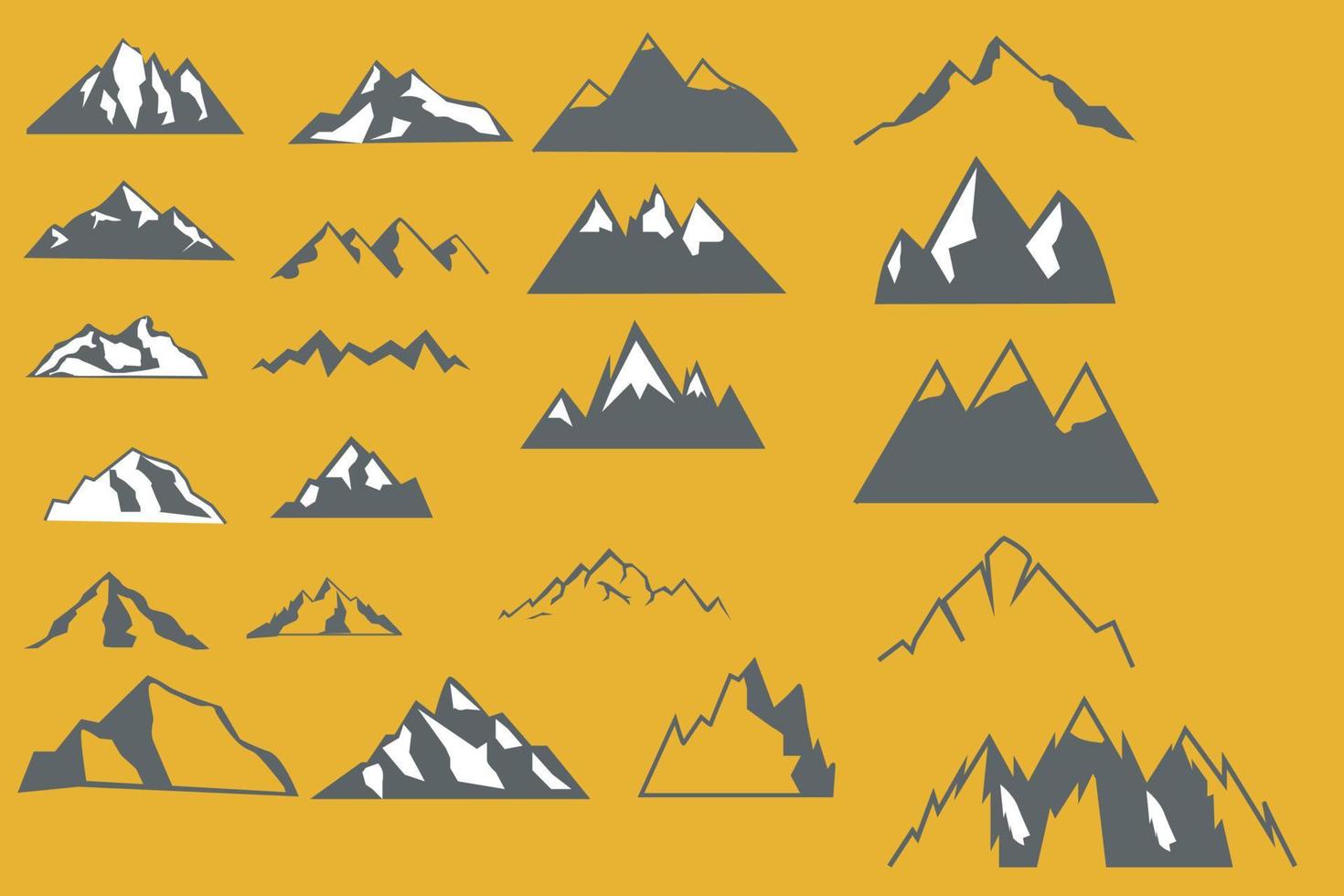 vector silhouette icon, rocky mountain black color various shapes. set of mountains, hills, hills