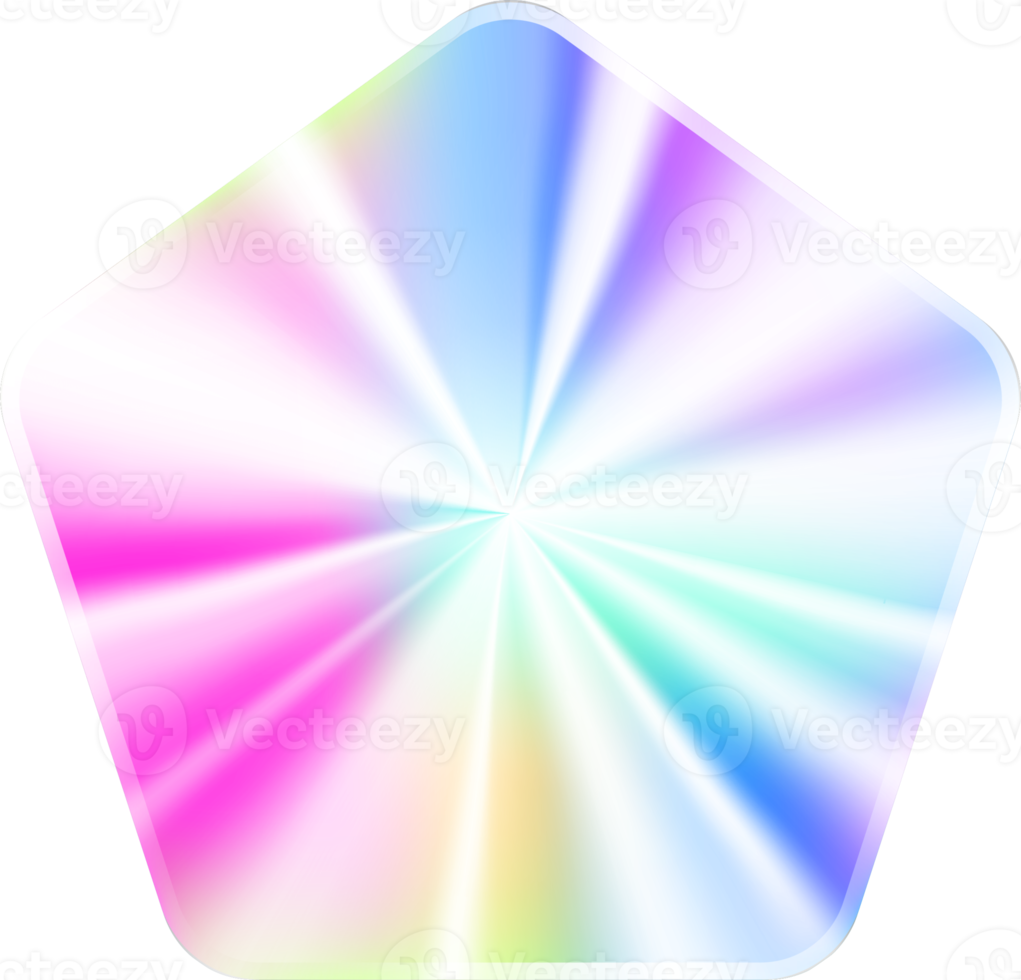 holografische sticker. regenboog etiket helling stempel. metaal structuur kenteken. iriserend regenboog folie in Pentagon vorm geven aan. neon embleem png