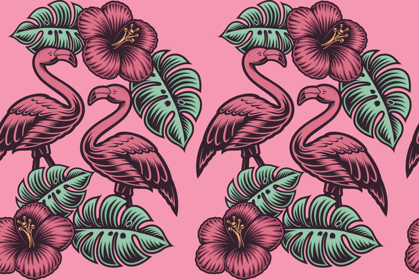 Vector seamless surfing background with flamingo