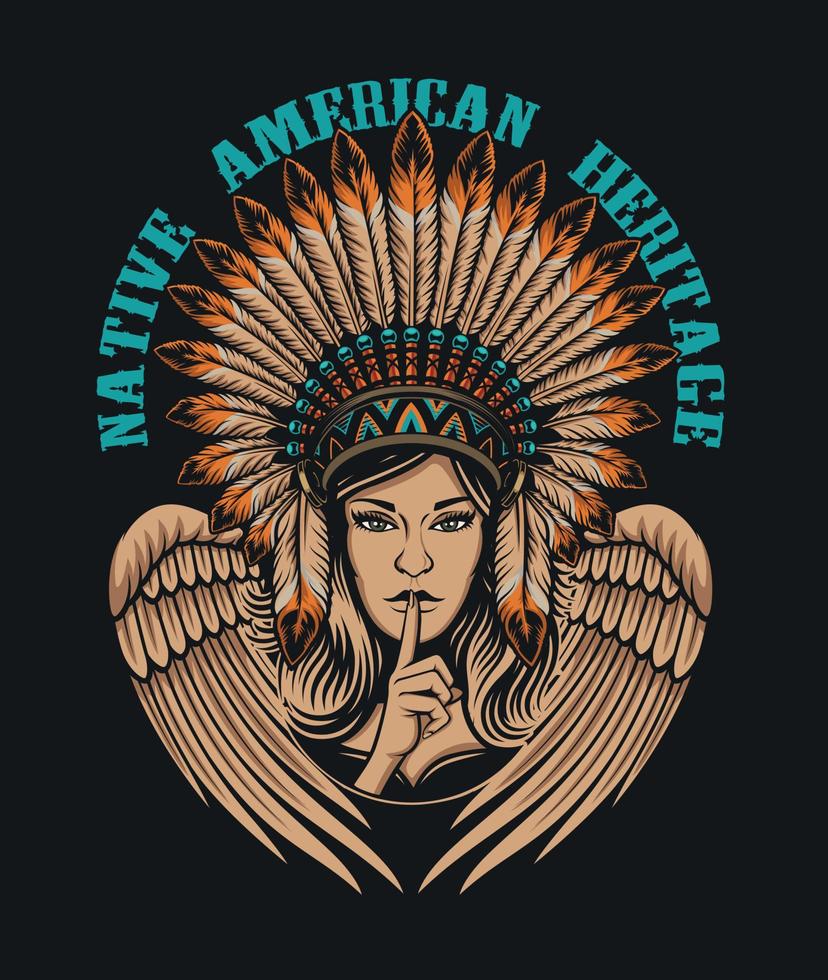 Color illustration with a girl in feather headdress. vector