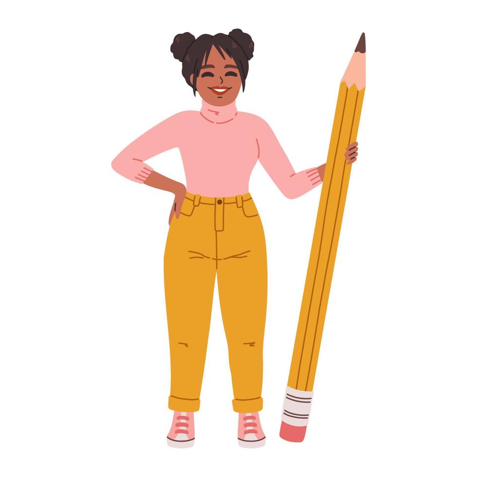 Cute student black girl standing with a large pencil. Flat design style minimal vector illustration.