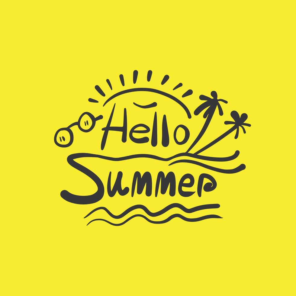 Hello summer handwritten lettering for t shirt, travel, beach. Hello summer vector illustration with sun glass, plum tree.