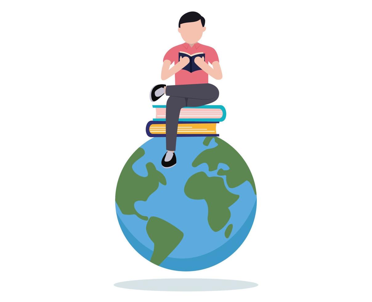 man sitting on book and globe. book reading concept. world book day vector