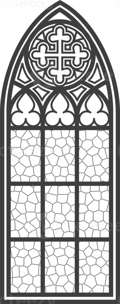 gotik fönster översikt. silhuett av årgång färgade glas kyrka ram. element av traditionell europeisk arkitektur. png