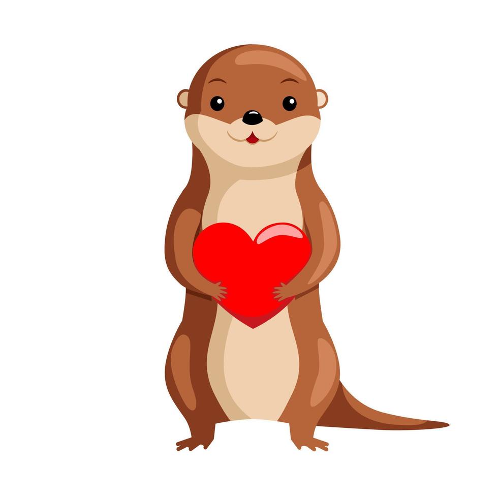 Cute otter with holding a big red heart animal character. Valentine's Day. vector