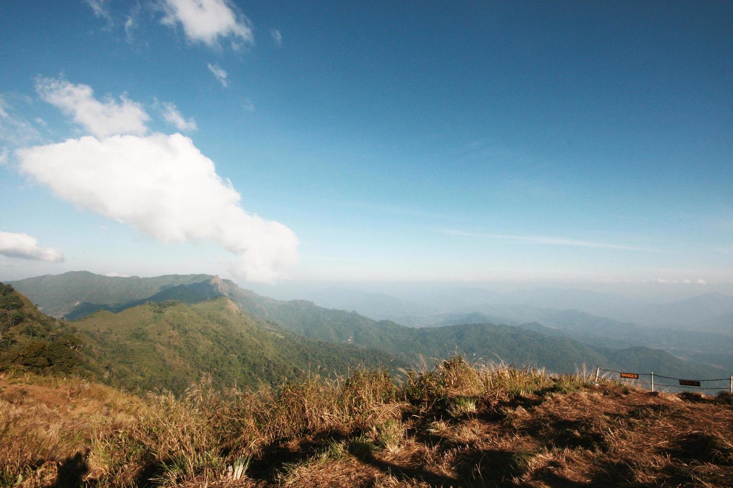 aéreo ver de tierras altas con seco césped y bosque colina en azul cielo en el Valle montaña y advertencia firmar etiqueta en tailandés caracteres escribió ese media peligro zona en colina en Tailandia foto