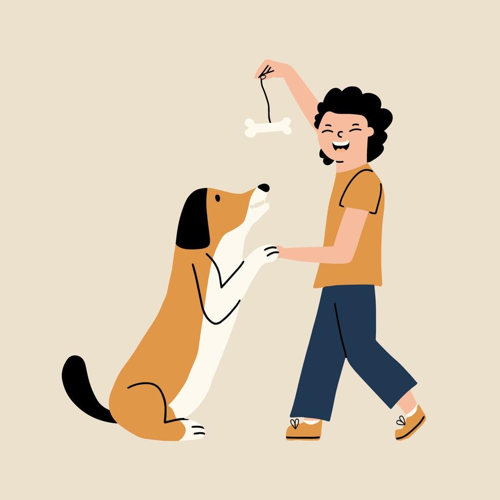 The boy is playing with his dog. Vector illustration in hand drawn style