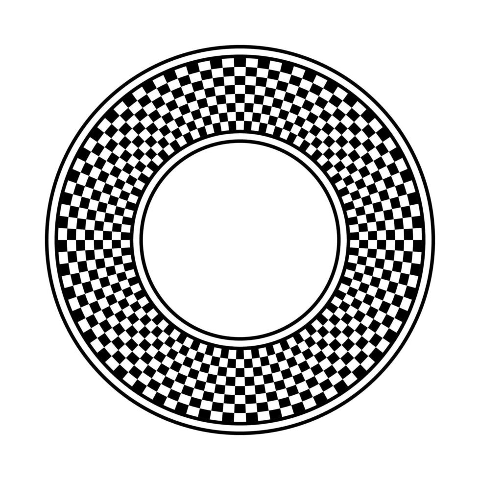 Abstract checkered circle frame vector art. Black and white alternating squares chessboard circular border. Round checkerboard tiles logo.