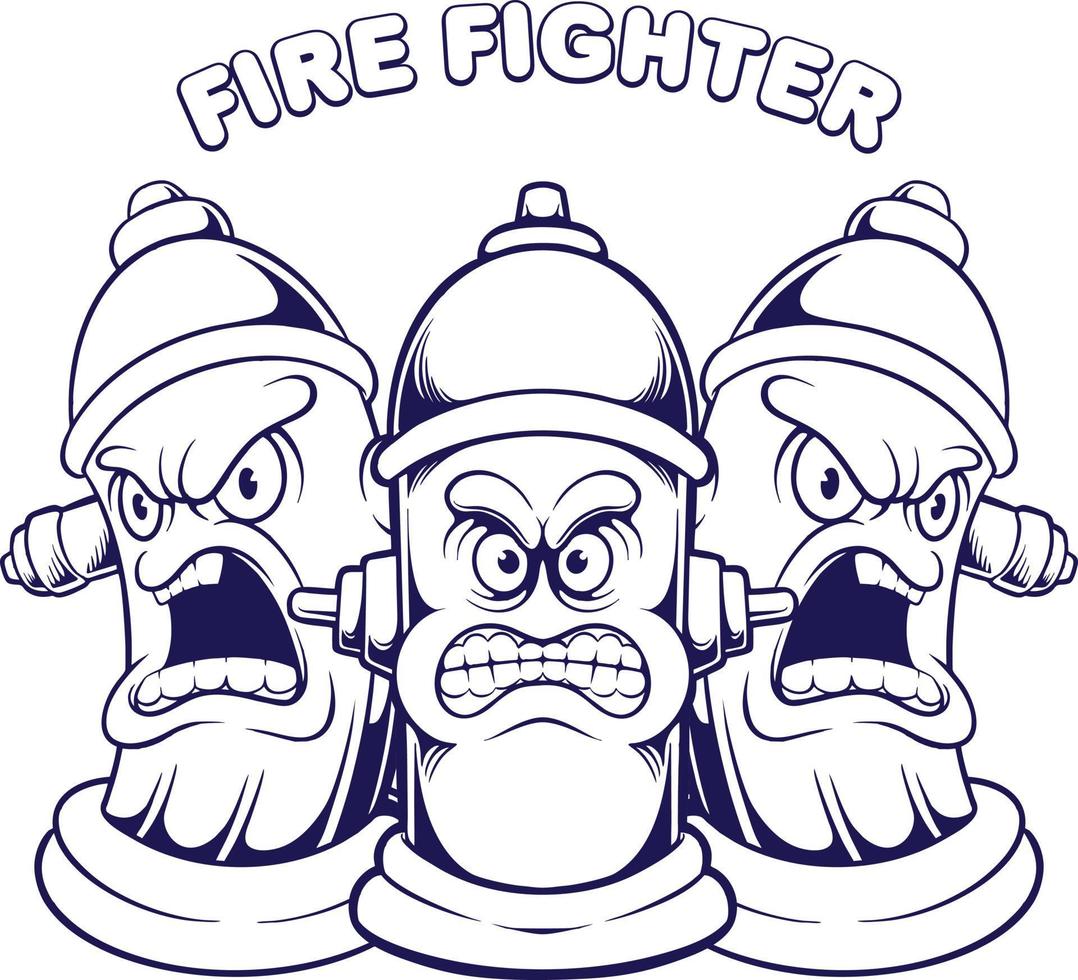 Angry firefighter fire hydrant mascot illustrations monochrome vector