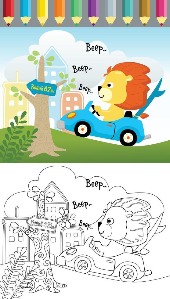 Vector cartoon of lion driving car in little town, coloring book or page