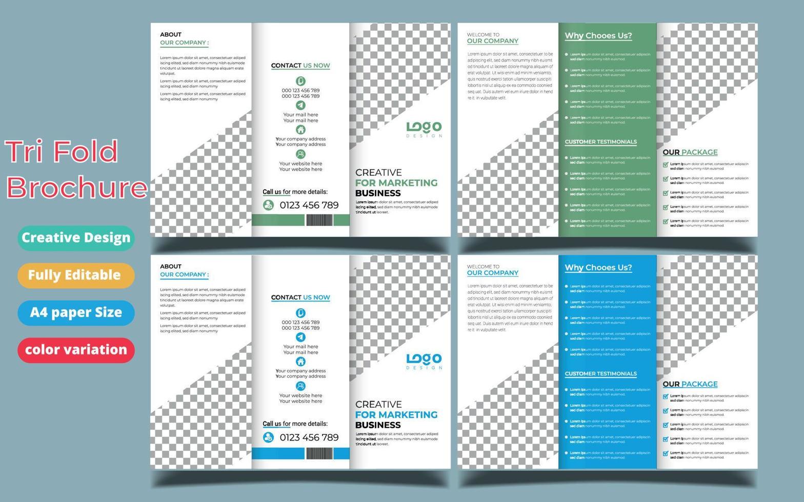 Plantilla de folleto comercial en diseño tríptico. Folleto de diseño corporativo con imagen reemplazable. vector