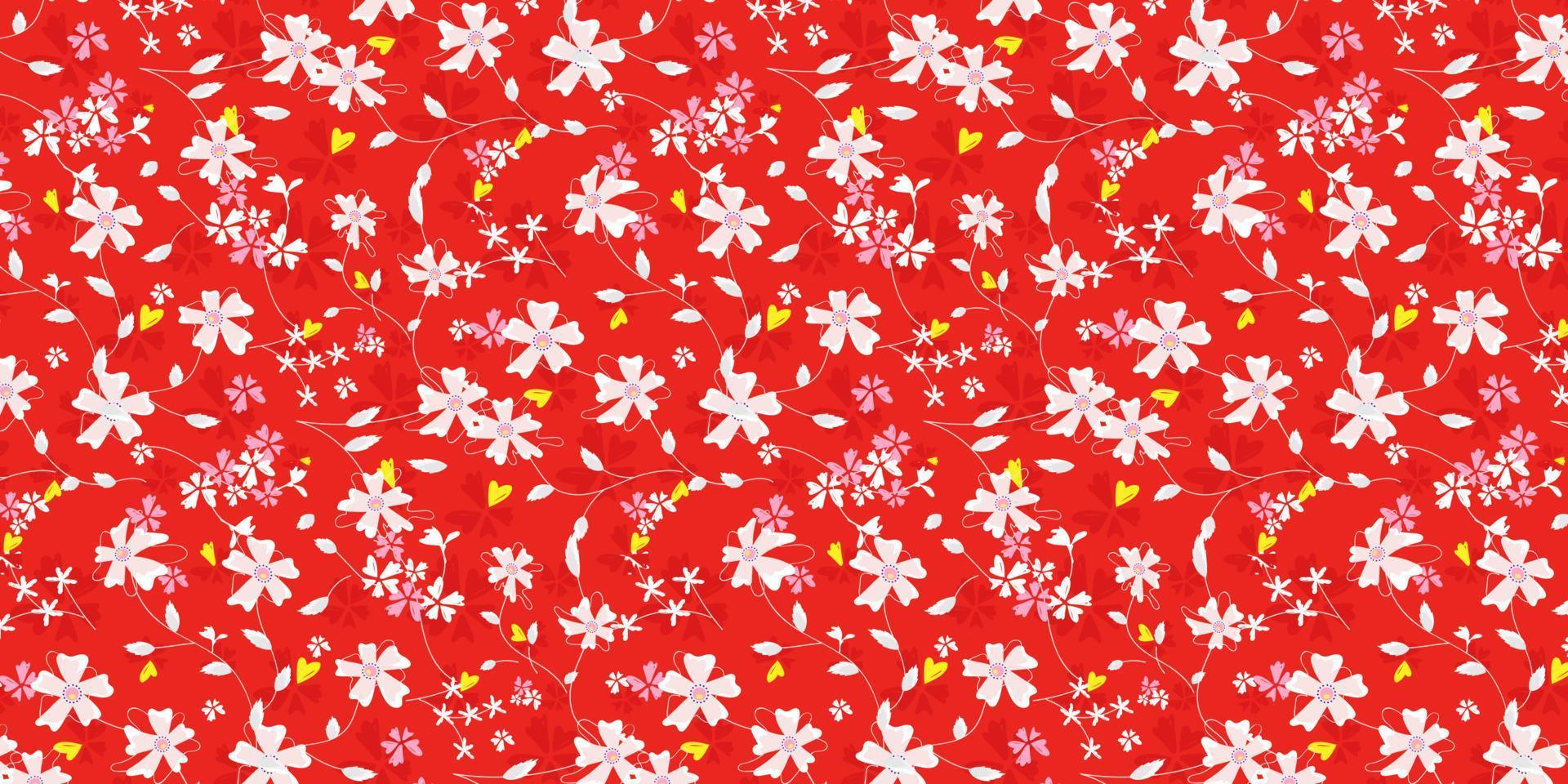 Premium floral pattern illustration. Abstract flower and leaf crowded style. Beautiful chabi chic flower on red background. Find fill pattern on swatches vector