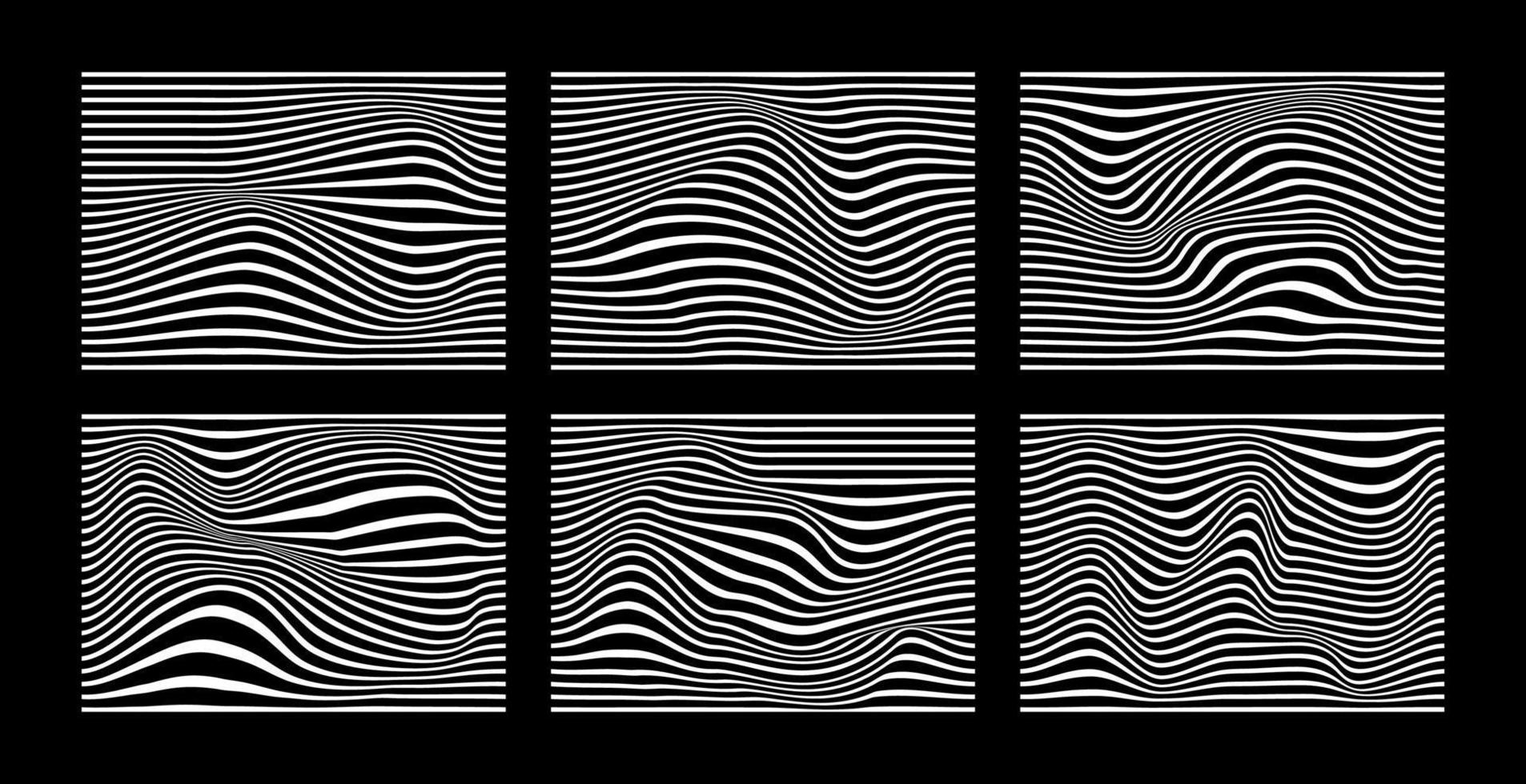 Black and white abstract waves line stripe vector illustration set. Optical art wavy background. Collection of striped lines illusion pattern.