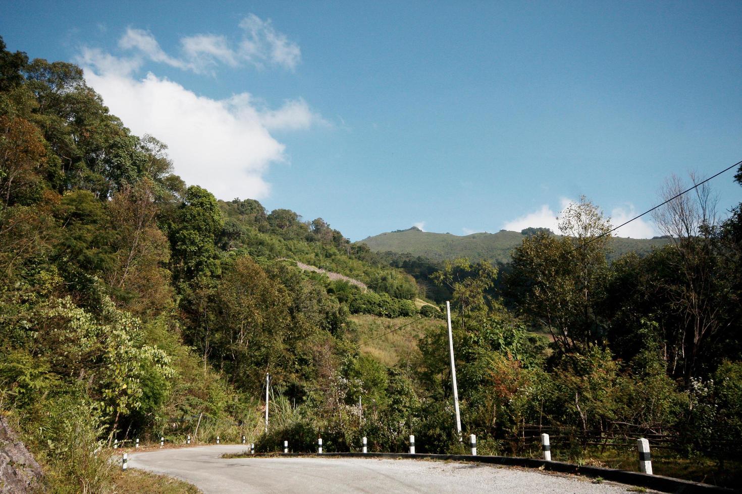 Yellow Sign label warning of curve road on the mountain in Thailand photo