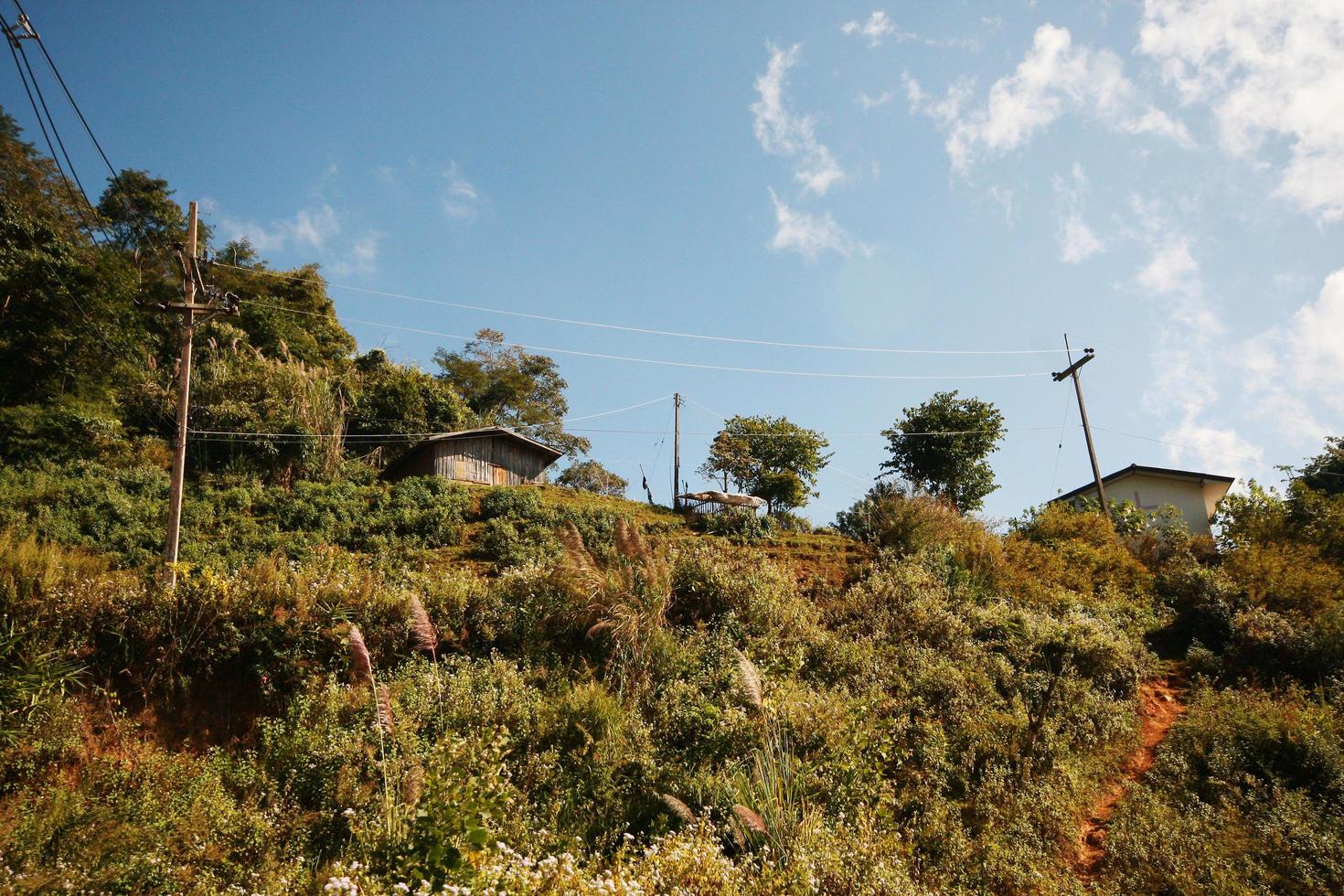 The electric cables is located on the mountain and forest at countryside in Thailand photo