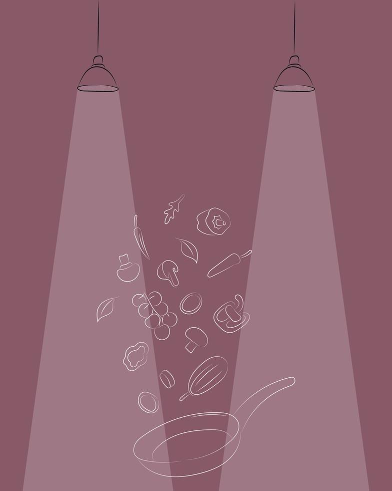 Burgundy background on the theme of the restaurant, a sketch of hand-drawn outlines of a frying pan and vegetables, cooking vector