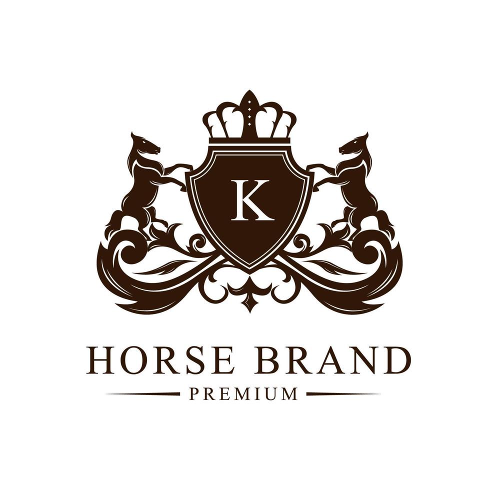 caballo heráldica emblema moderno línea estilo con un proteger y corona vector