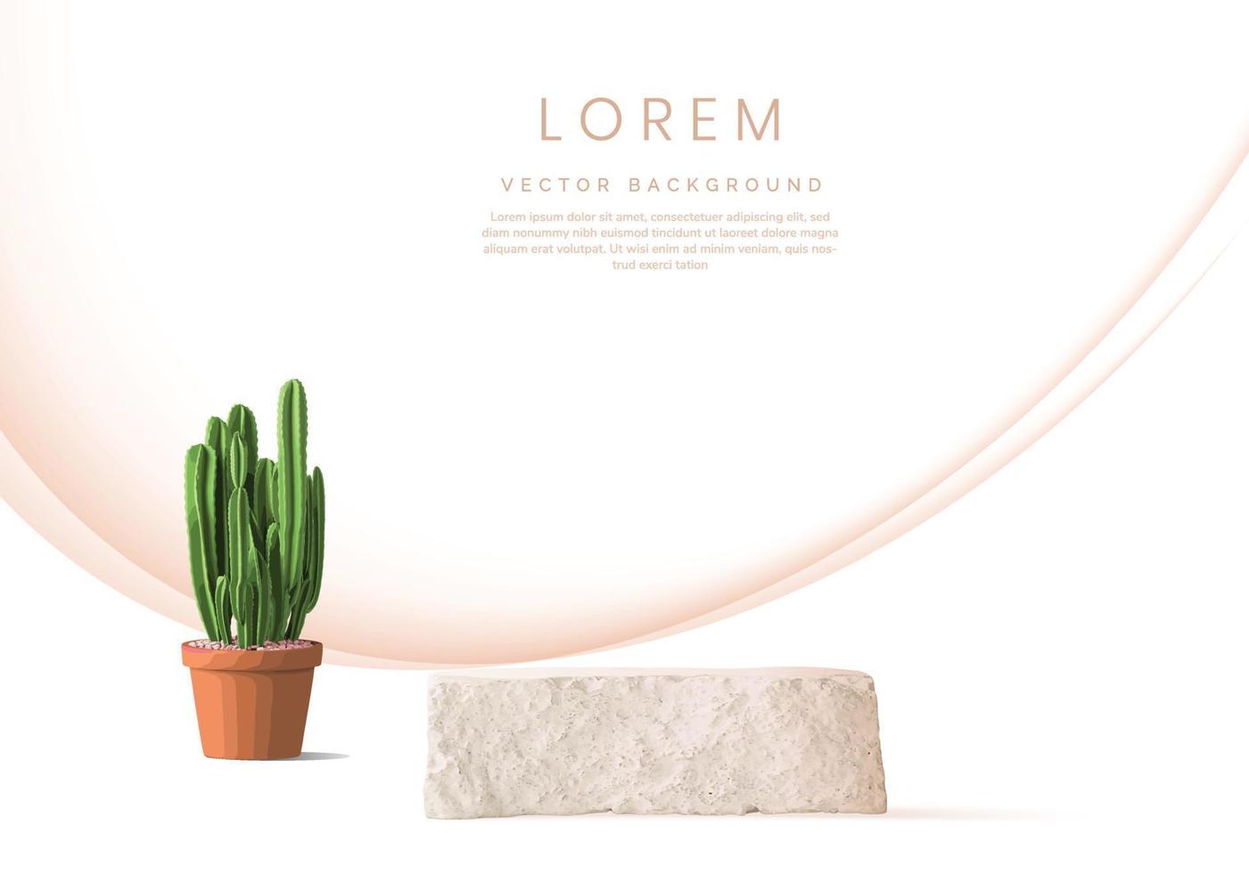 Podio de crema marrón simulado en 3d con mini tema de desierto de cactus y arena. pedestal para presentación de productos y cosméticos. escena colorida abstracta para publicidad. fondo de promoción de venta. vector