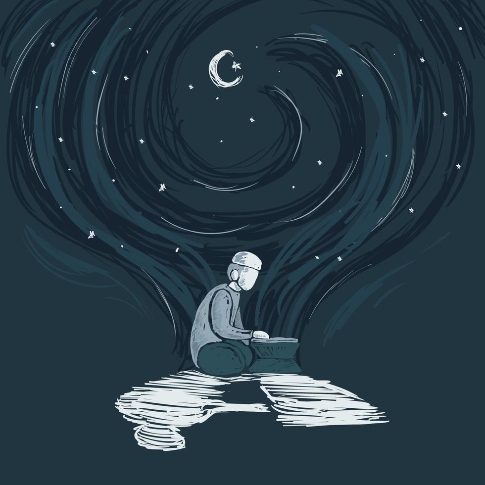 sencillo musulmán hombre leyendo Corán debajo estrellado noche y creciente Luna ilustración vector