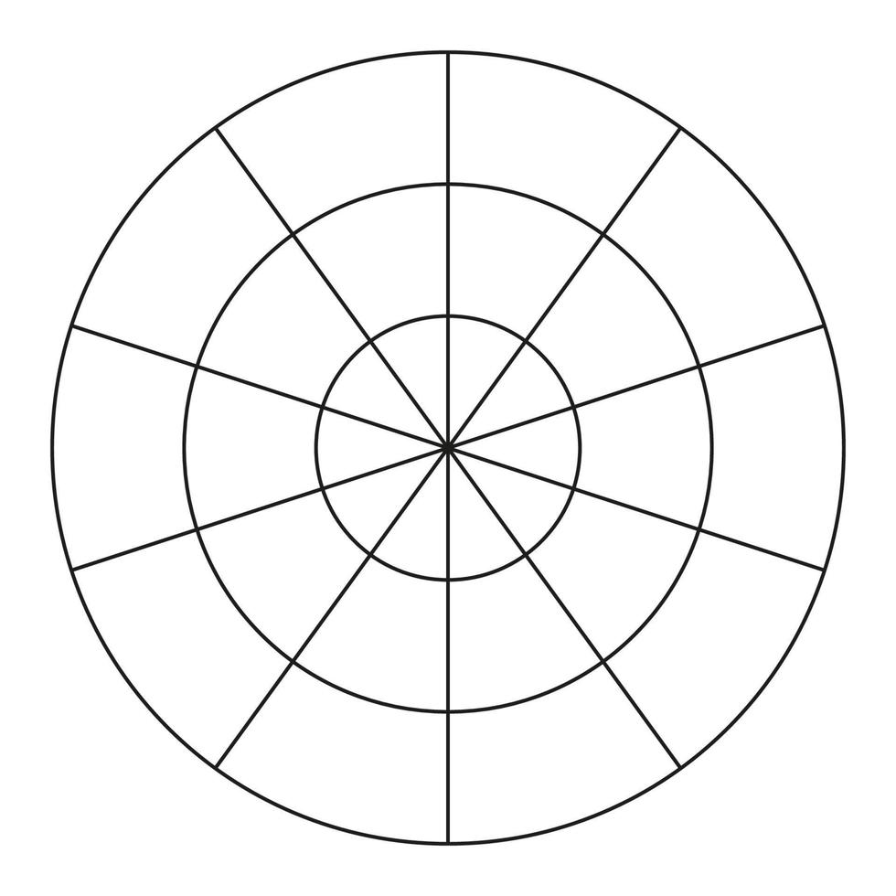 Polar grid of 10 segments and 2 concentric circles. Coaching tool.  Wheel of life template. Circle diagram of lifestyle balance. Vector blank polar graph paper.