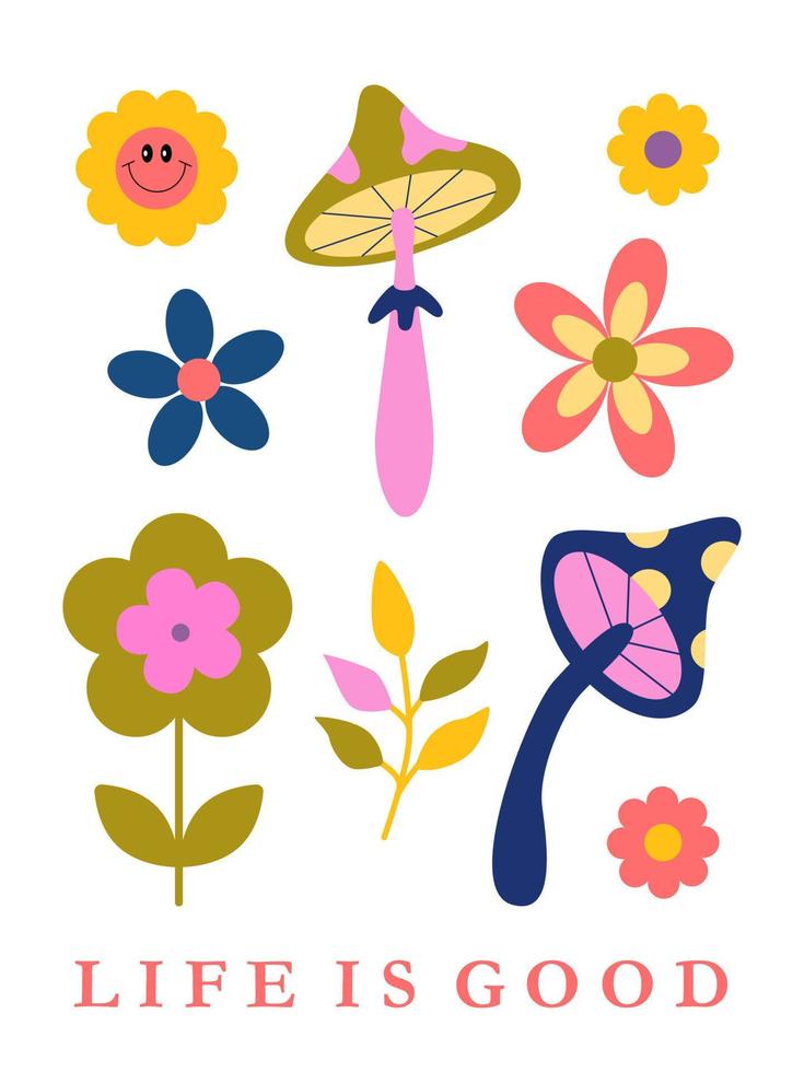 70s retro groovy revival poster. Cartoon flowers, psychedelic mushrooms, leaves. Nostalgia concept. Great for card, flyer, T-shirt. vector