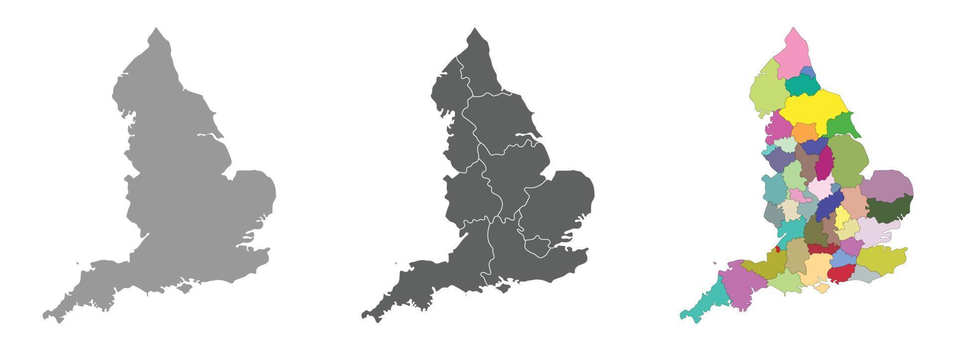 Inglaterra mapa conjunto de gris y multicolor administraciones regiones mapa vector