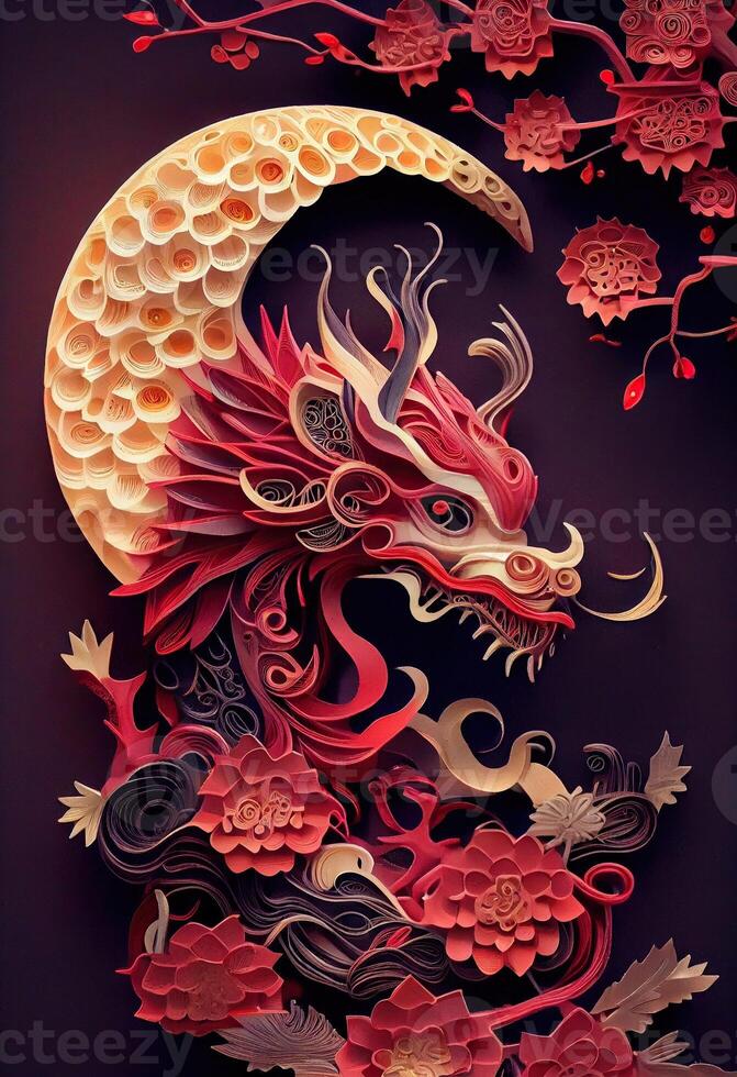 illustration of paper cut craft, quilling multi dimensional Chinese style, zodiac dragon with lanterns and cherry blossoms in background, chinese new year. photo