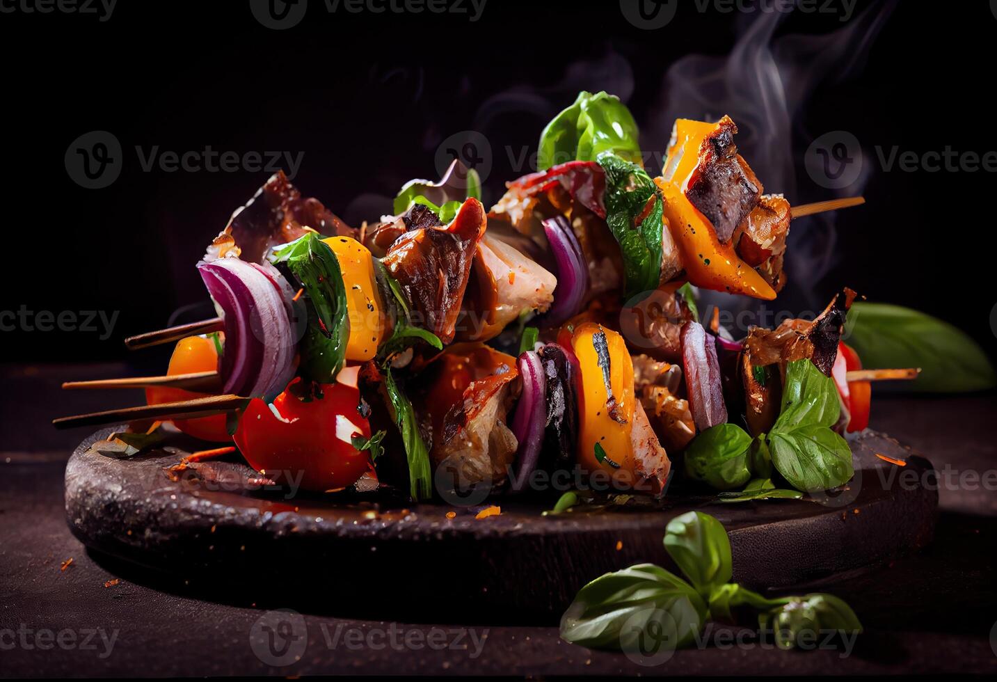 Generative AI illustration of skewered shish kebab, Kebabs - grilled meat  skewers, vegetables on black wooden background. Meat skewers in a barbecue  22922899 Stock Photo at Vecteezy