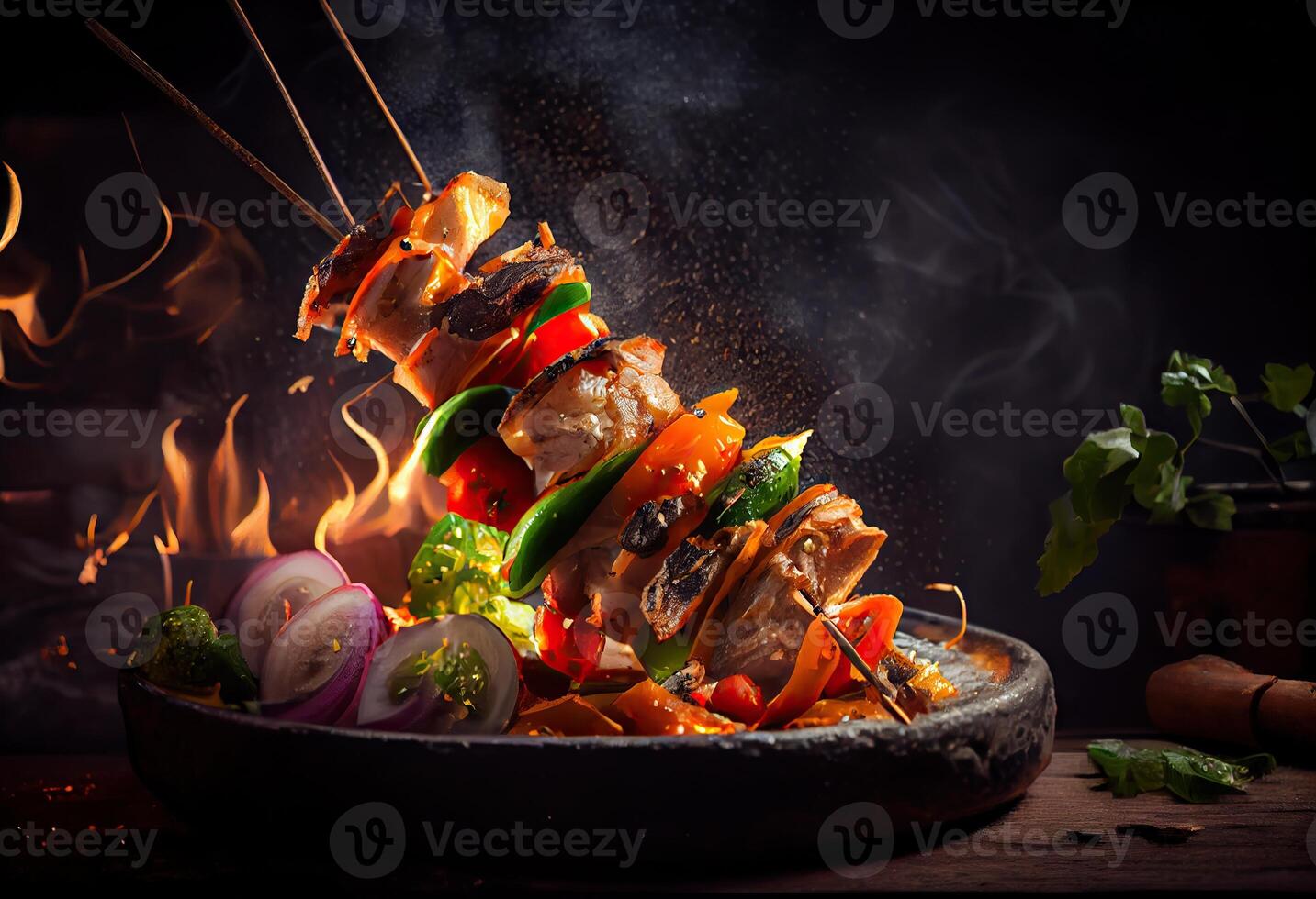 generativo ai ilustración de ensartado shish brocheta, kebabs - A la parrilla carne brochetas, vegetales en negro de madera antecedentes. carne brochetas en un parilla foto