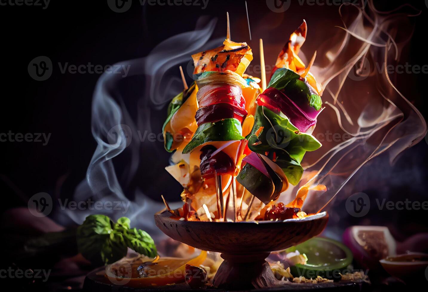 generativo ai ilustración de ensartado shish brocheta, kebabs - A la parrilla carne brochetas, vegetales en negro de madera antecedentes. carne brochetas en un parilla foto