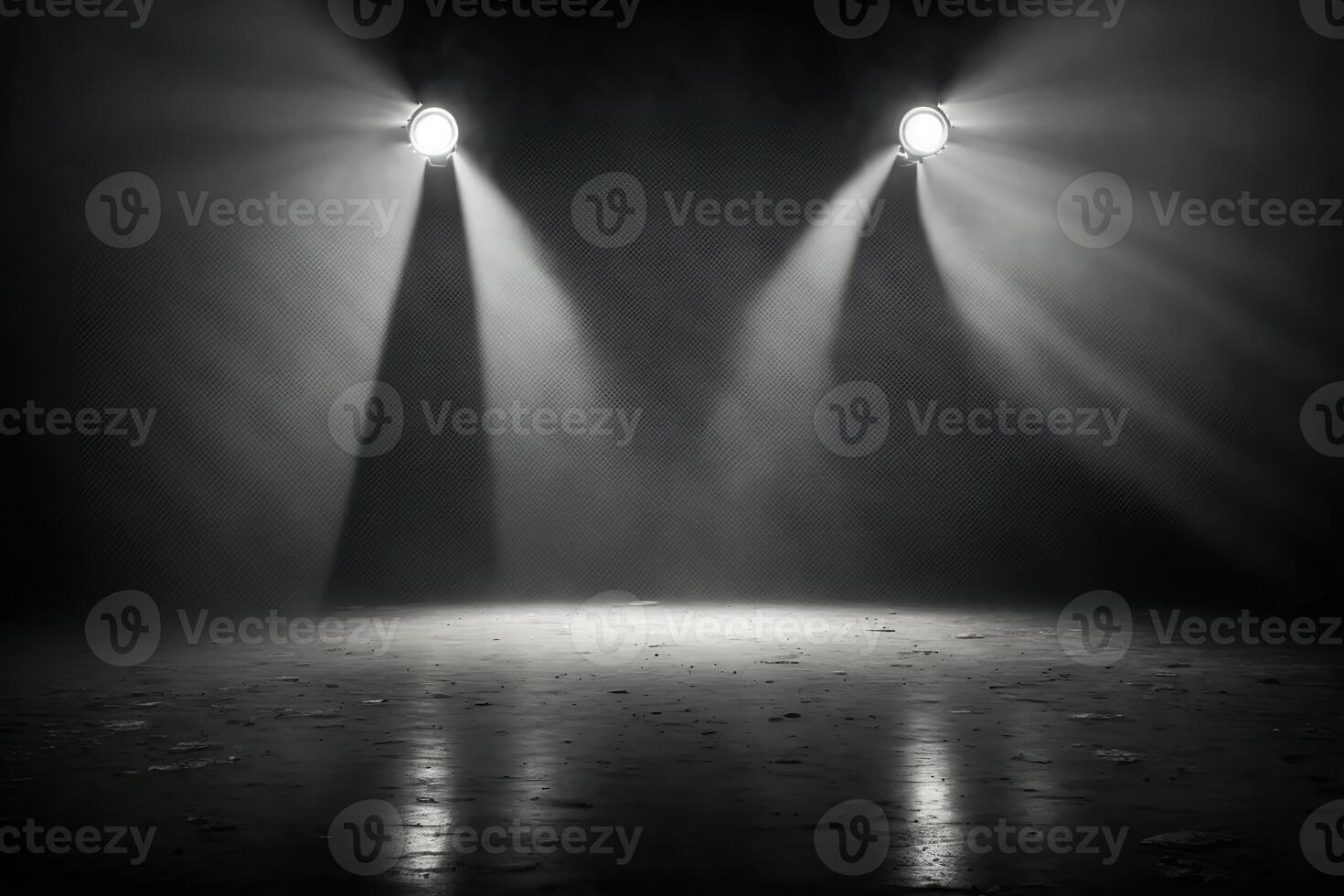 illustration of spotlights shine on stage floor in dark room, mist drift around, idea for background, backdrop mock up photo