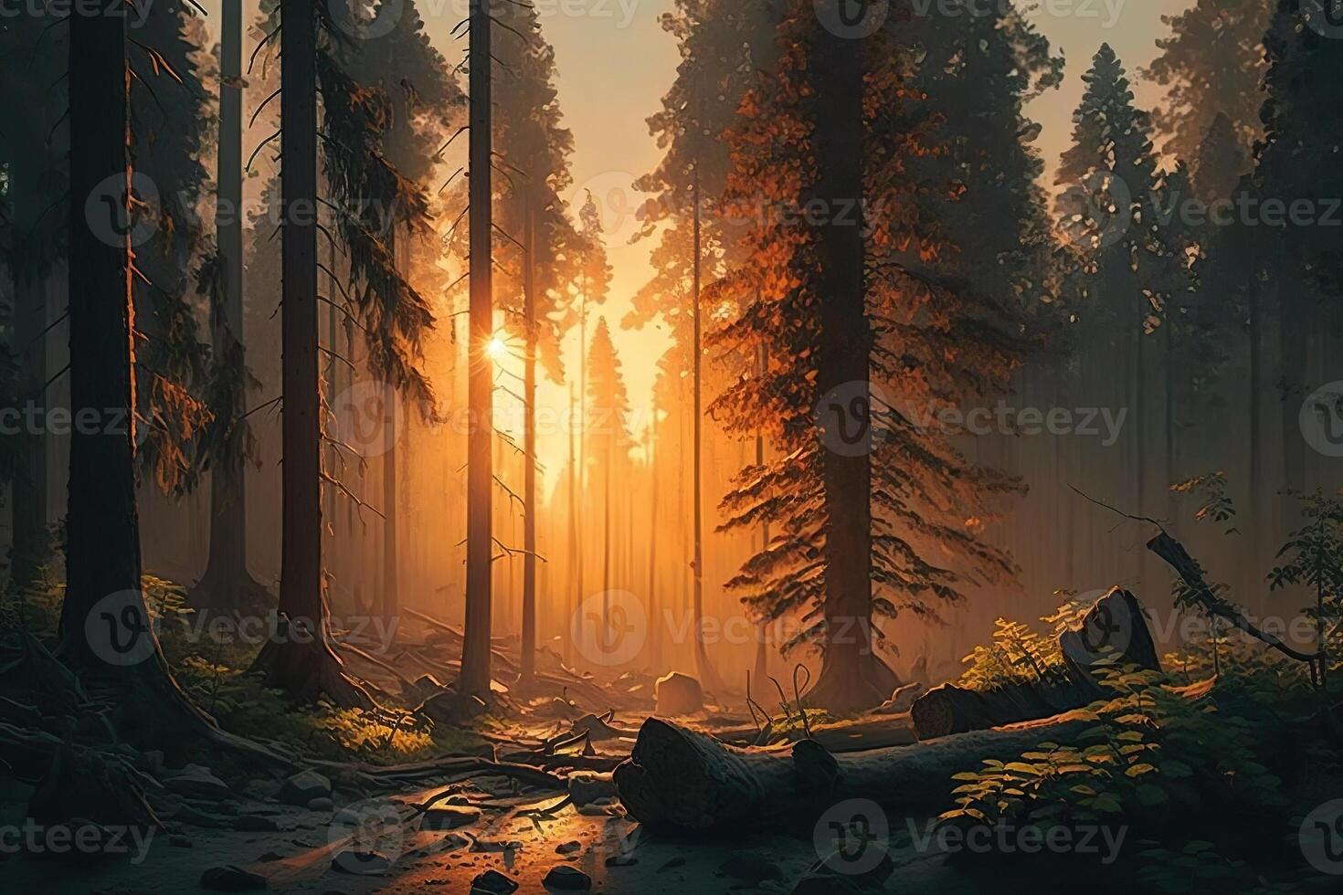 generativo ai ilustración de amanecer en el bosque foto