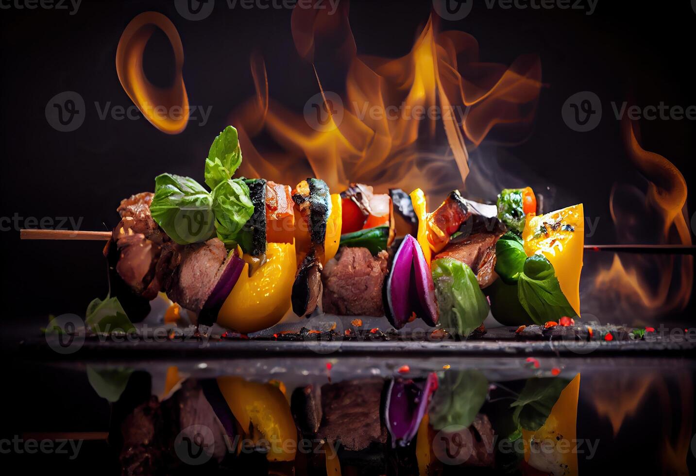 generativo ai ilustración de ensartado shish brocheta, kebabs - A la parrilla carne brochetas, vegetales en negro de madera antecedentes. carne brochetas en un parilla foto