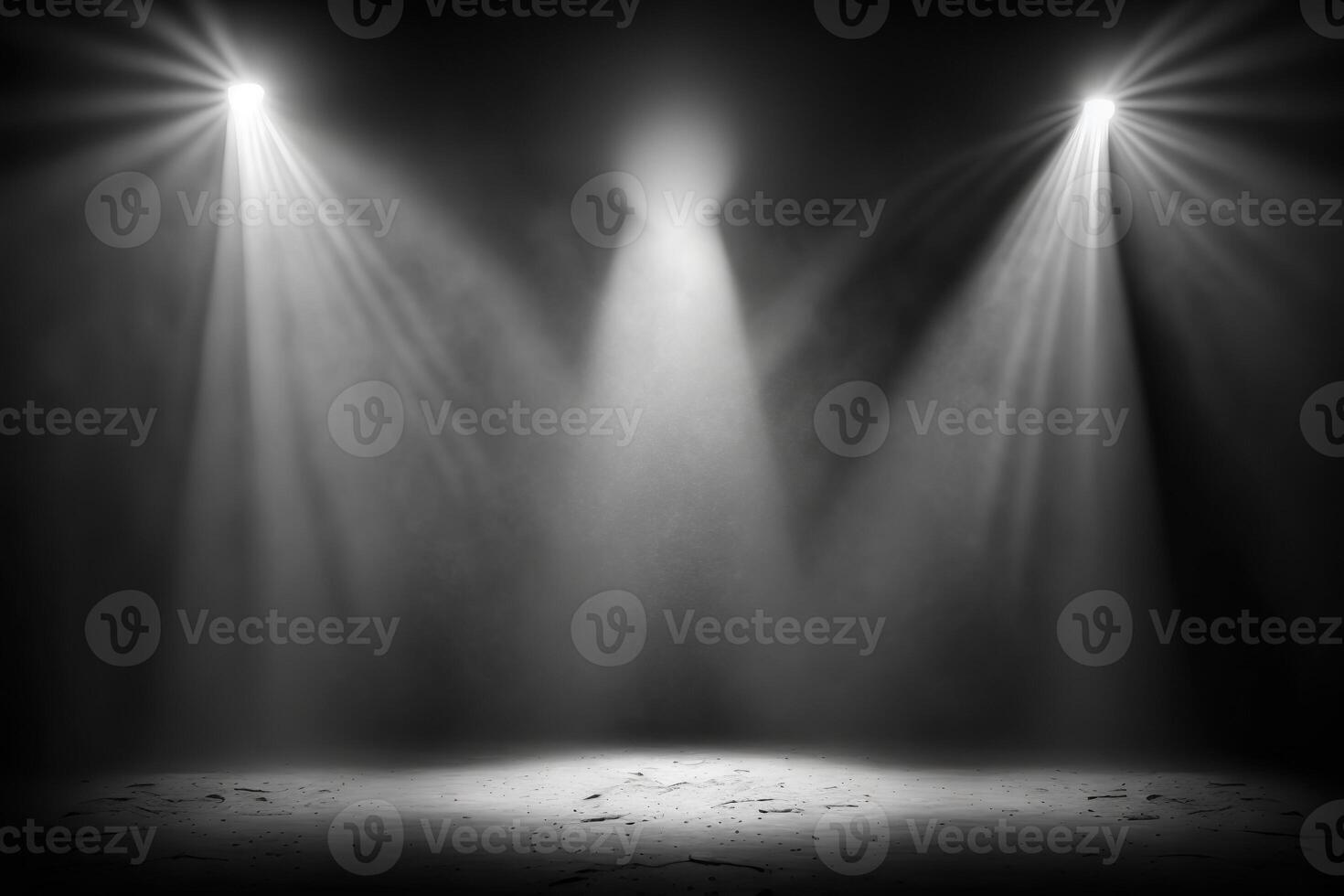 generativo ai ilustración de focos brillar en etapa piso en oscuro habitación, niebla deriva alrededor, idea para fondo, fondo burlarse de arriba foto