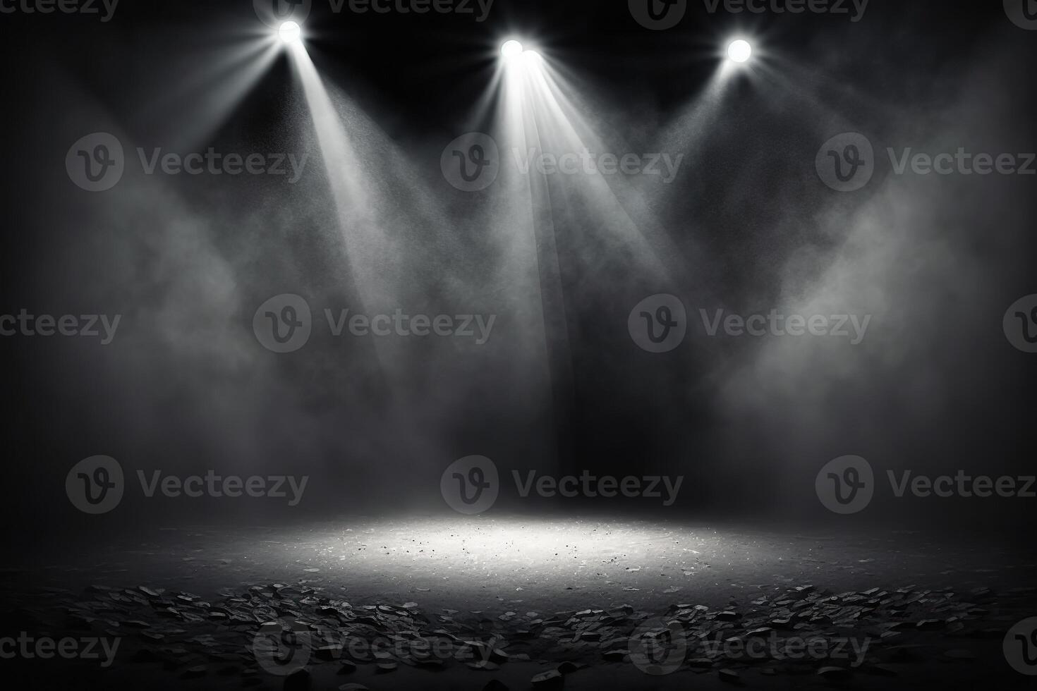 illustration of spotlights shine on stage floor in dark room, mist drift around, idea for background, backdrop mock up photo