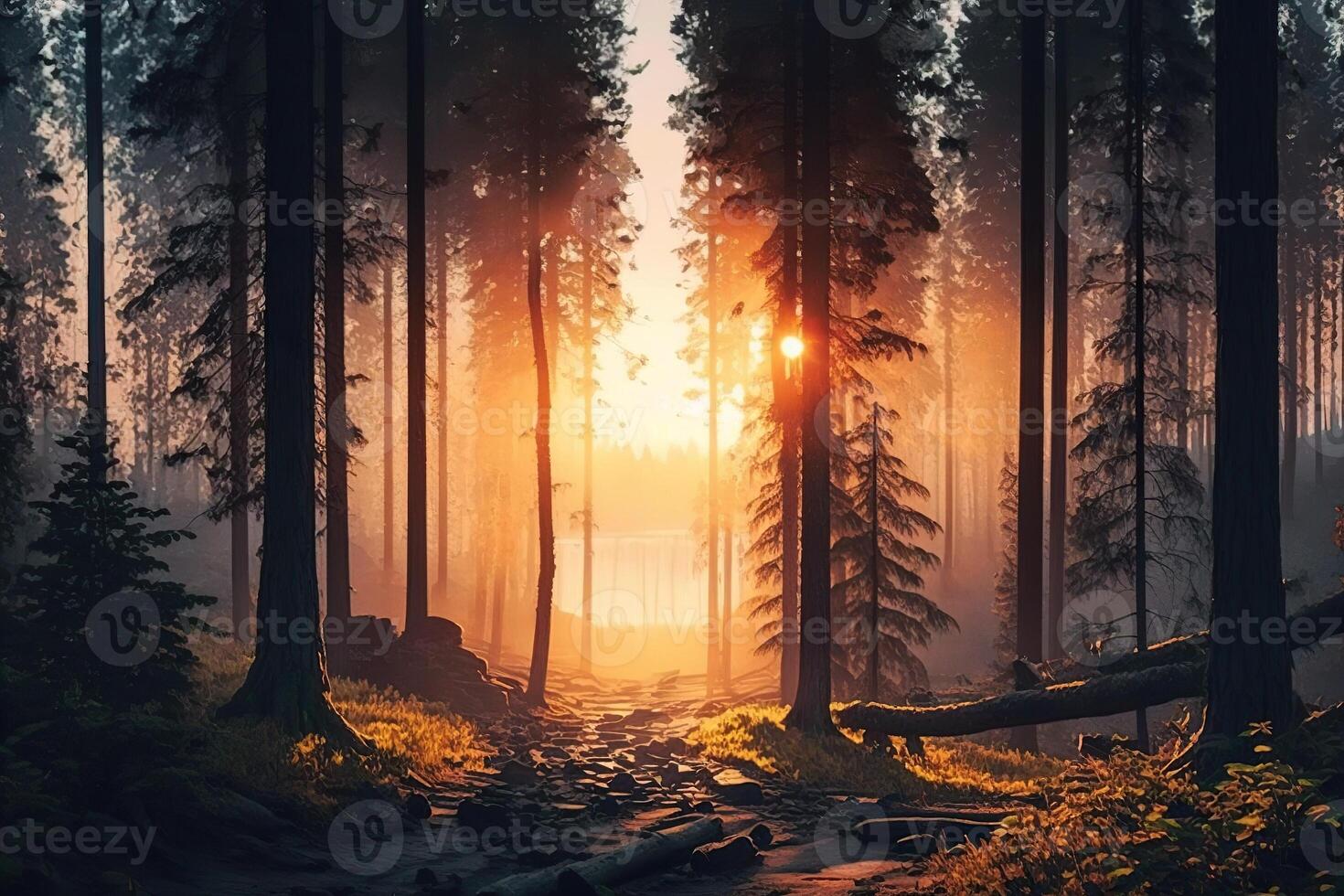 generativo ai ilustración de amanecer en el bosque foto