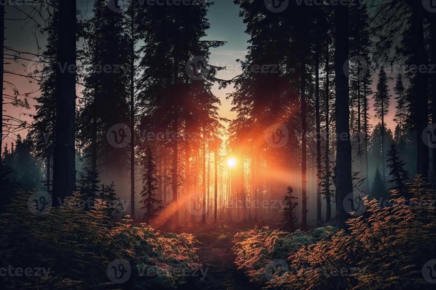 illustration of sunrise in the forest photo