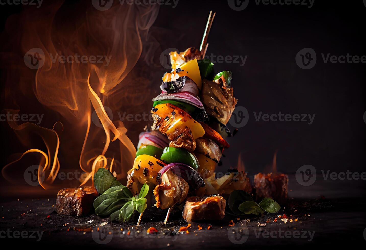 illustration of skewered shish kebab, Kebabs - grilled meat skewers, vegetables on black wooden background. Meat skewers in a barbecue photo