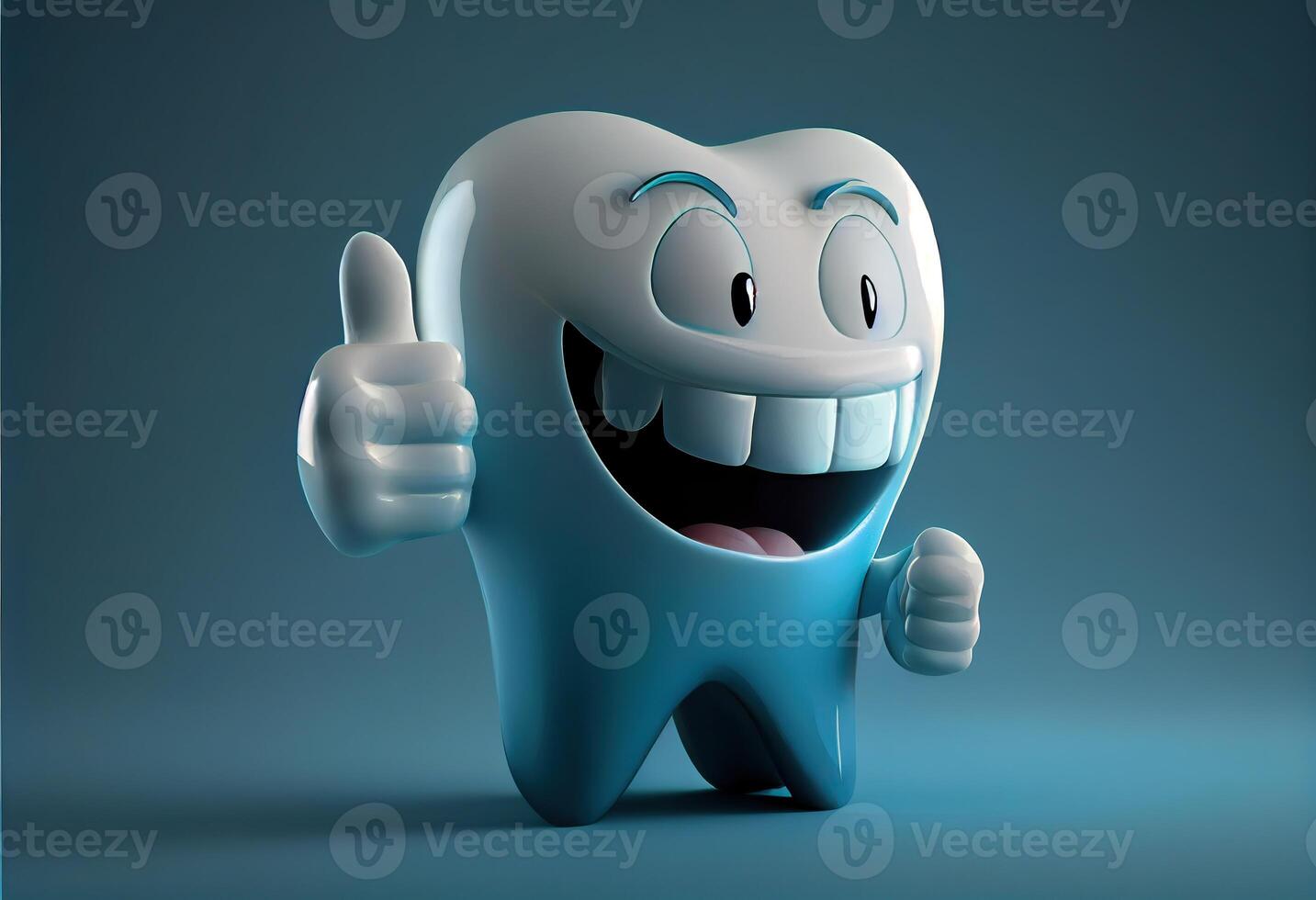 illustration of tooth gives the thumbs up gesture on a background, dark white and light azure, lovely photo