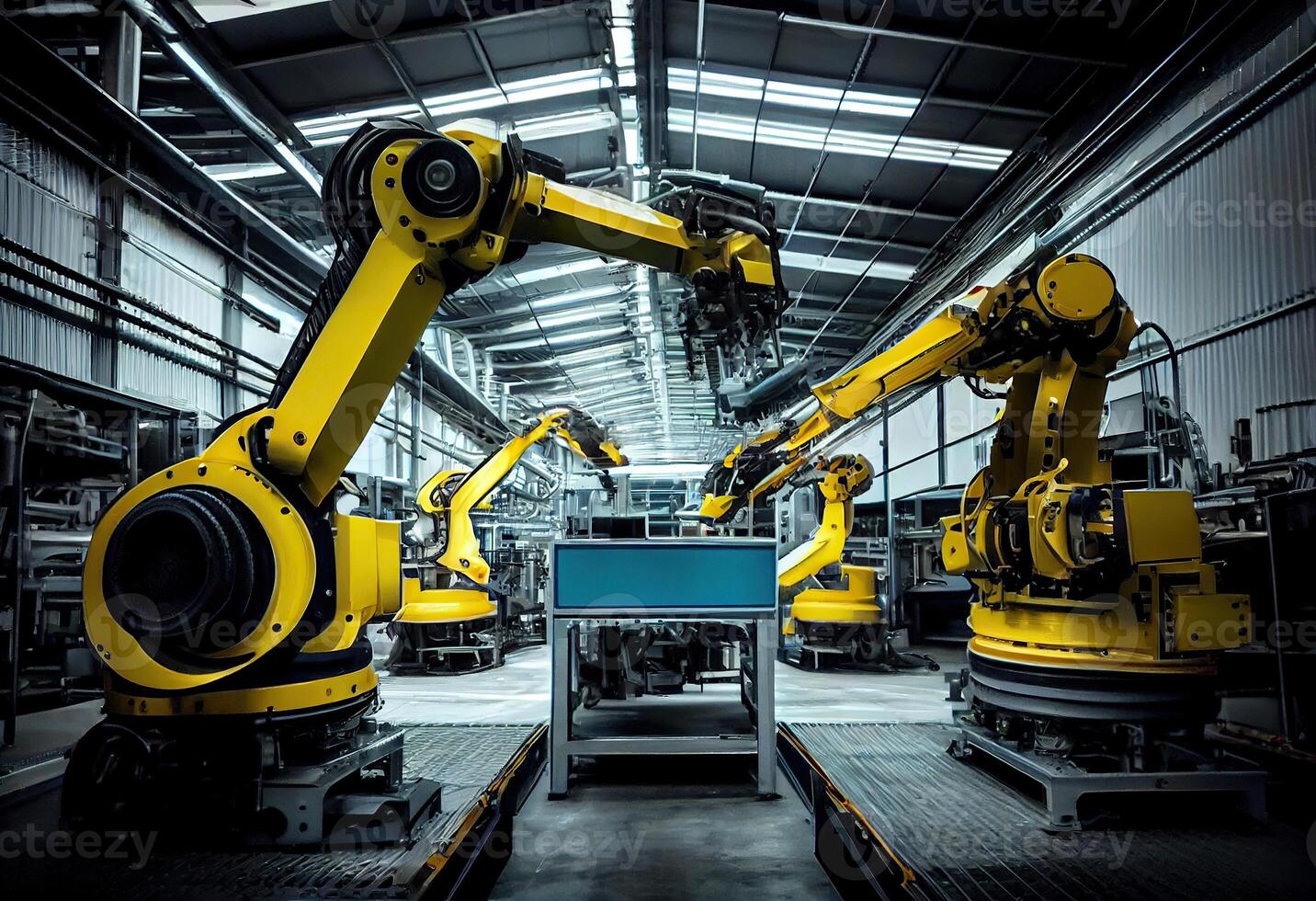 illustration of smart factory, robotic arm, industry 5.0, car assembly line, car manufacturer, 3D Robot automated team working, future process futuristic industry engineering background photo