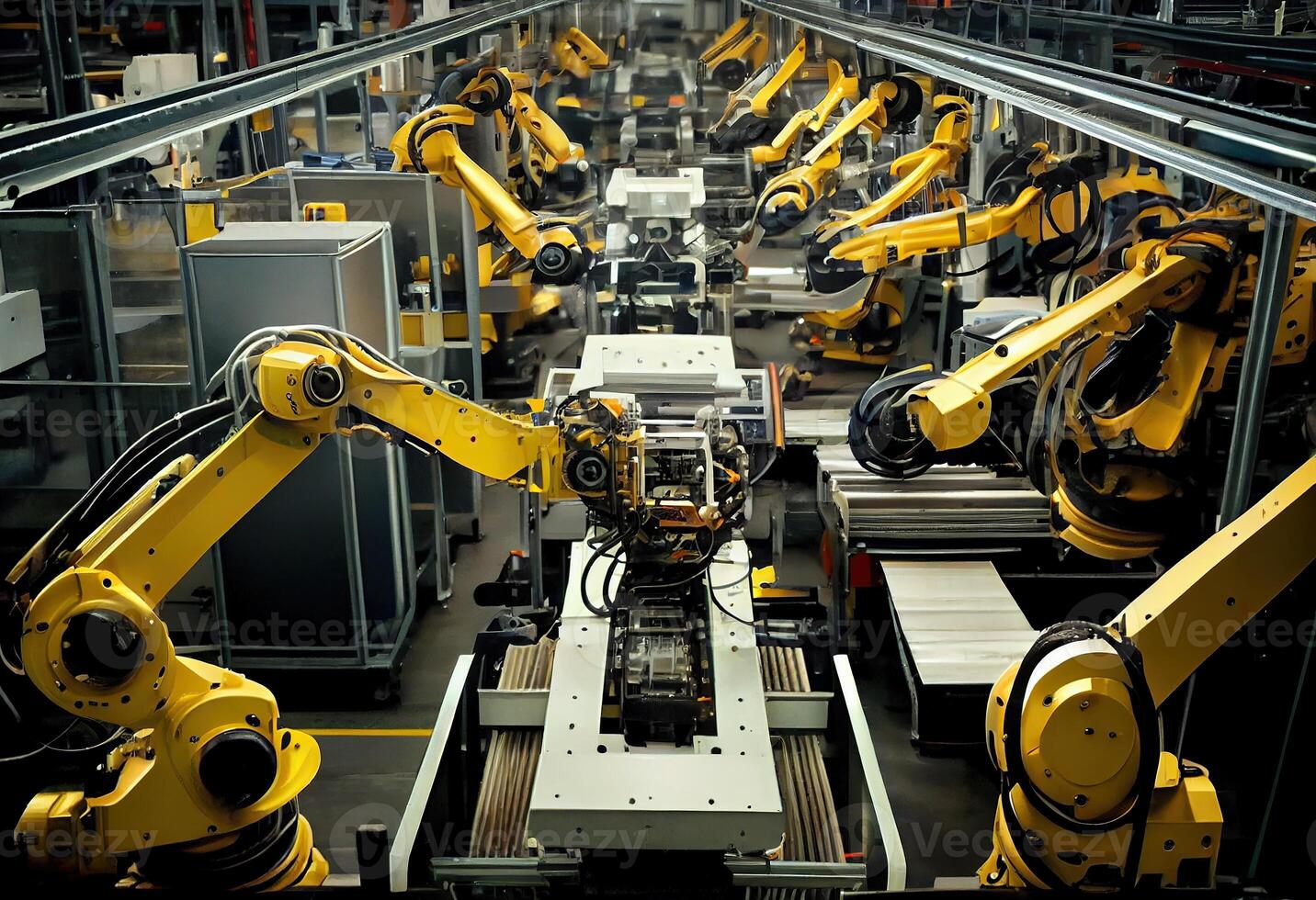 illustration of smart factory, robotic arm, industry 5.0, car assembly line, car manufacturer, 3D Robot automated team working, future process futuristic industry engineering background photo