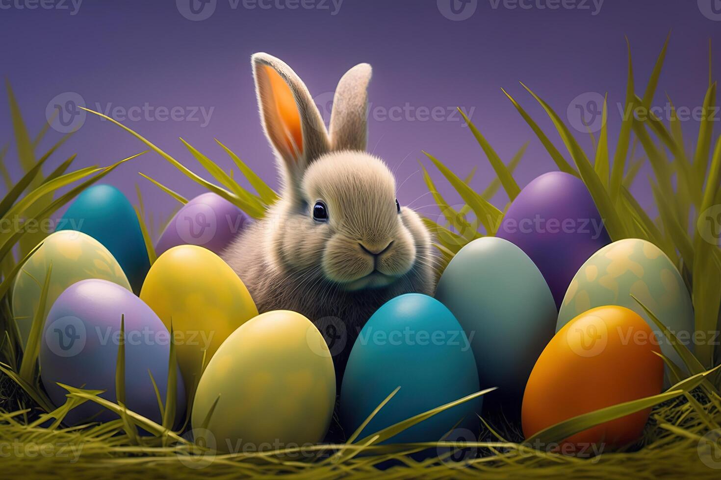 illustration of cute baby rabbit as easter bunny sitting in easter egg as easter under tree, background wallpaper design photo