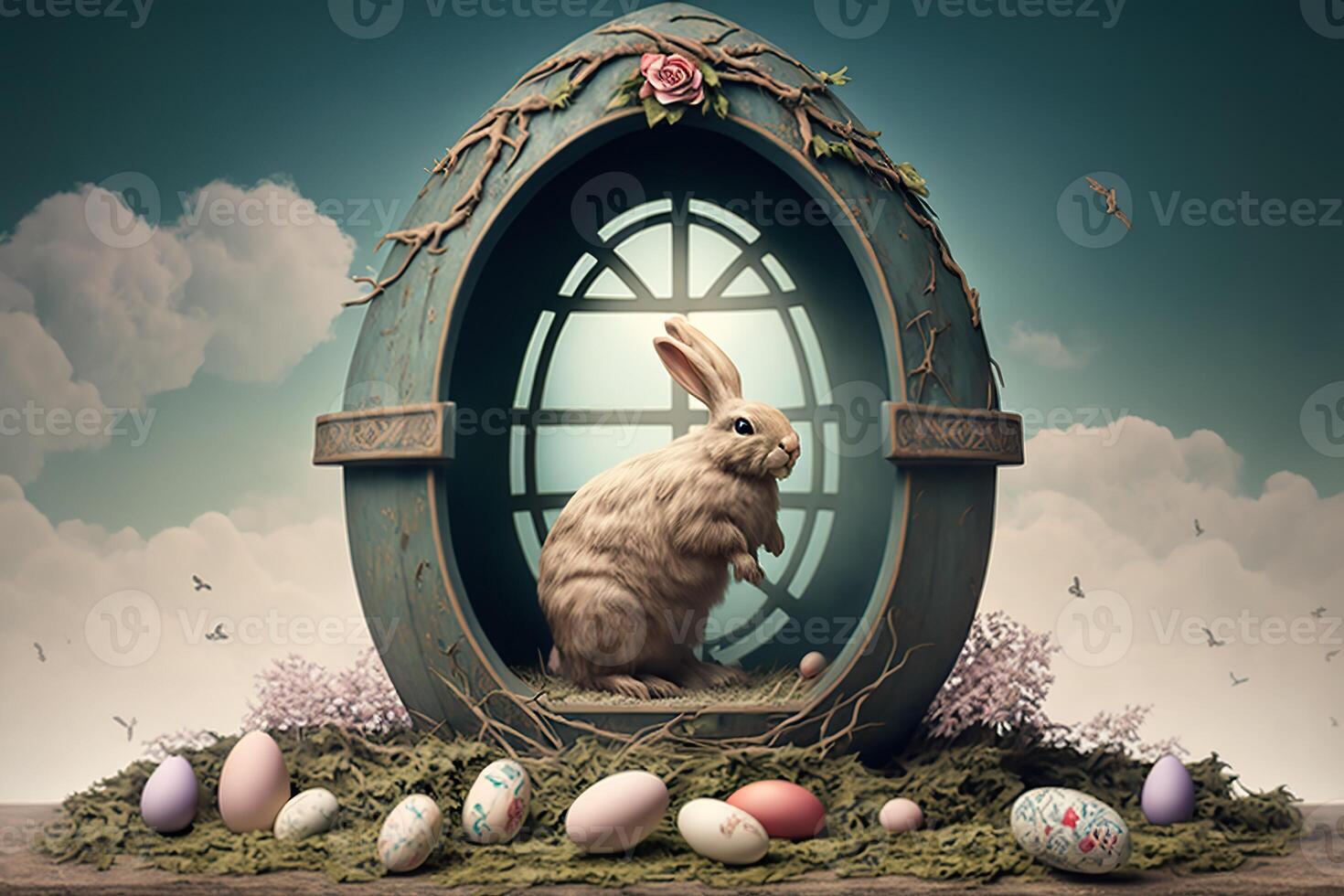 illustration of cute baby rabbit as easter bunny sitting in easter egg as easter under tree, background wallpaper design photo